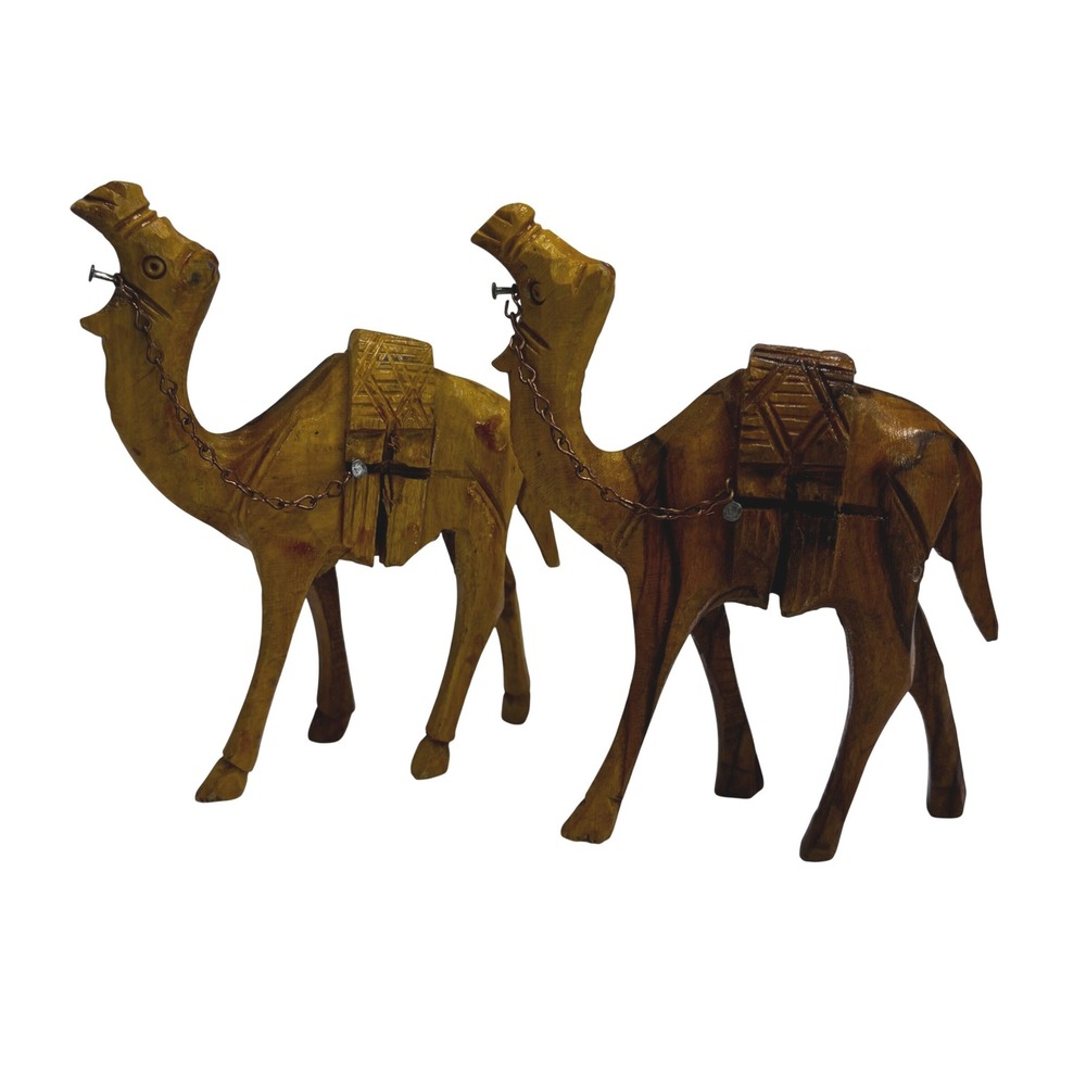 Vintage Hand Carved Olive Wood Camel Figurines Set of 2 Middle Eastern Decor 6in